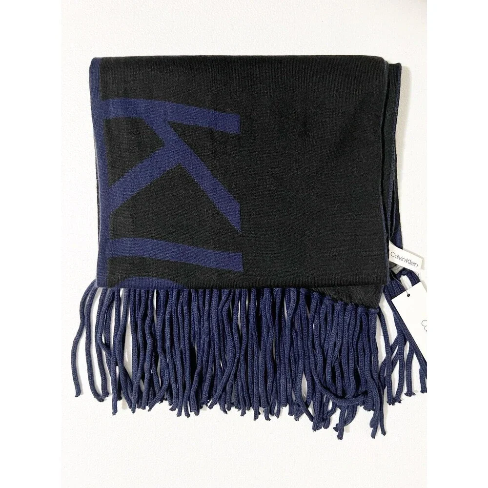 Men's Scarf Black/Blue Reversible Knit Fringe Double Thick Calvin Klein NEW GIft